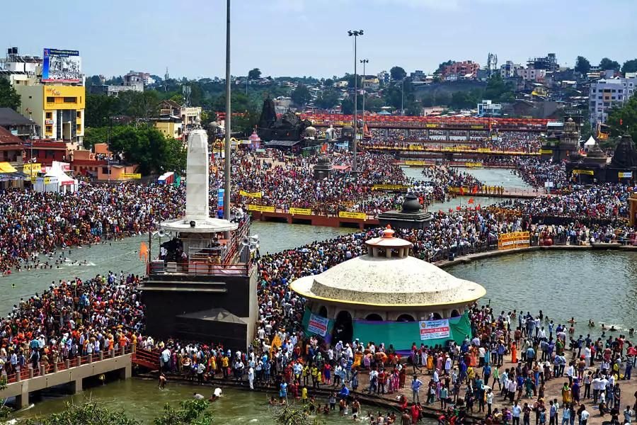 Aerial view of crowds at Nashik Kumbh Mela ghats