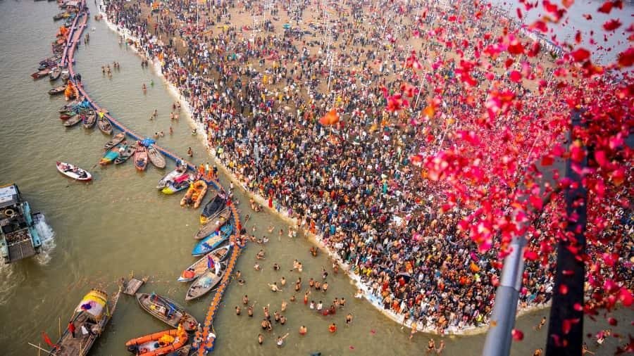 Aerial view of pilgrims gathering at Nashik Kumbh Mela ghats